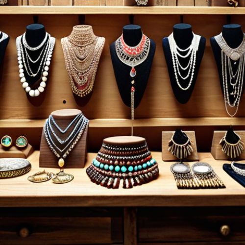 **Trendy handcrafted jewelry display:** A close-up shot showcasing a curated selection of handcrafted necklaces, bracelets, and earrings against a rustic wooden background. The lighting should be warm and inviting, highlighting the intricate details of each piece. Include Turkish lira price tags subtly in the frame. Focus on pieces suitable for everyday wear in Istanbul.