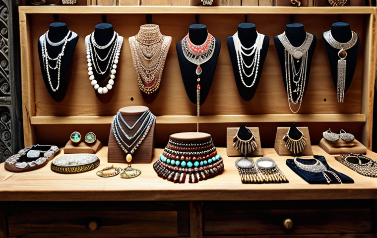 **Trendy handcrafted jewelry display:** A close-up shot showcasing a curated selection of handcrafted necklaces, bracelets, and earrings against a rustic wooden background. The lighting should be warm and inviting, highlighting the intricate details of each piece. Include Turkish lira price tags subtly in the frame. Focus on pieces suitable for everyday wear in Istanbul.