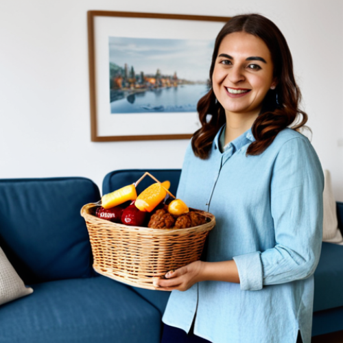 Home 9 Welcoming Airbnb Host**
A friendly, professional woman in appropriate attire, smiling warmly in a modern, tastefully decorated living room. She is holding a welcome basket with local Turkish treats. The scene is well-lit, showing a clean and inviting space. Safe for work, appropriate content, fully clothed, professional, modest, family-friendly, perfect anatomy, correct proportions, natural pose, well-formed hands, proper finger count, natural body proportions.
**