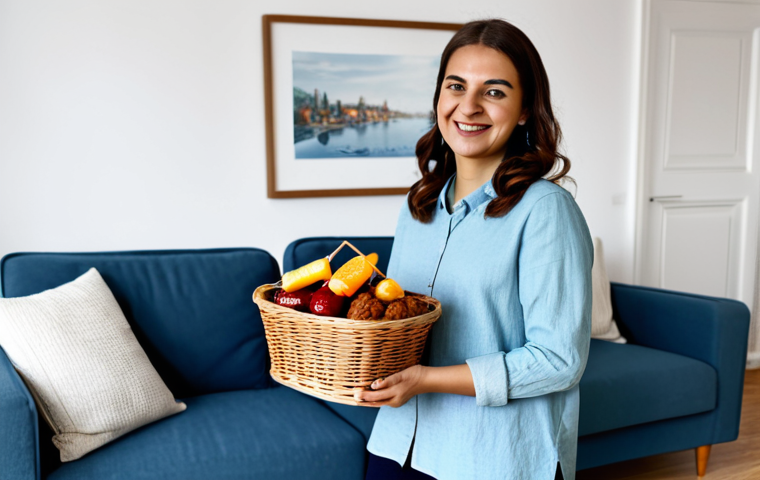 Welcoming Airbnb Host**
A friendly, professional woman in appropriate attire, smiling warmly in a modern, tastefully decorated living room. She is holding a welcome basket with local Turkish treats. The scene is well-lit, showing a clean and inviting space. Safe for work, appropriate content, fully clothed, professional, modest, family-friendly, perfect anatomy, correct proportions, natural pose, well-formed hands, proper finger count, natural body proportions.
**